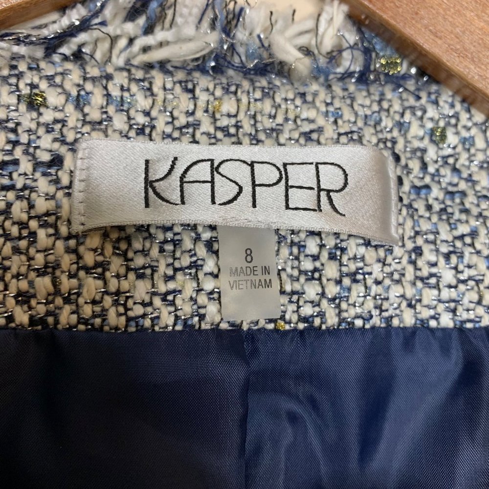 Kasper Flyaway Novelty Blazer Tweed Fringe Jacket Open Front Blue White Gold 8 - Picture 6 of 11
